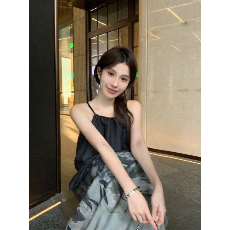New Chinese style smudge printed suspender dress for women in summer design loose long skirt temperament sleeveless A-line skirt