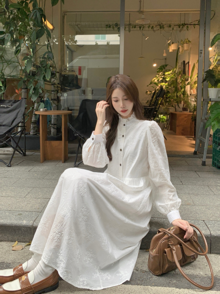 Real shot!  2025 spring French white high-end long-sleeved embroidered dress with beautiful women's temperament
