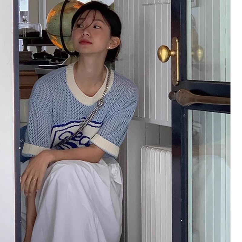 韓國ins博主fever同款AECA寬鬆藍色鏤空針織衫短袖上衣T恤女夏季