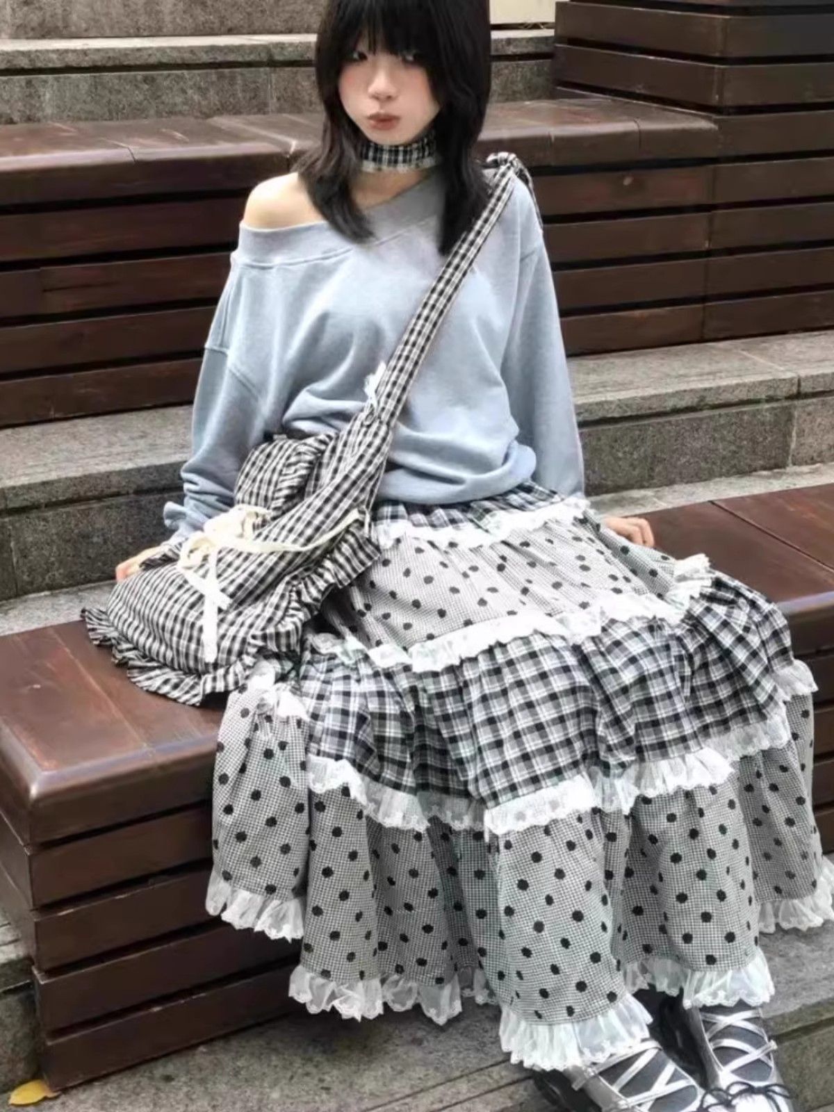 Multi-layer lace plaid thin dot splicing large A-line long skirt versatile Japanese girls can wear all seasons