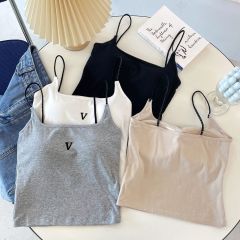 Designer letter halter top with integrated cup, suitable for wearing as an outer layer, providing a unique and niche style, featuring built-in pads, perfect for layering under women's clothing as a base top.