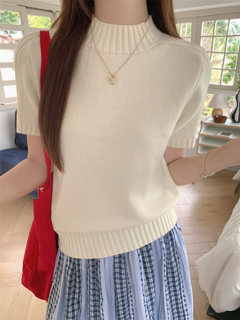 Real photo Real 2025 spring and summer new slim half-high neck sweater short sleeve simple solid color T-shirt for women