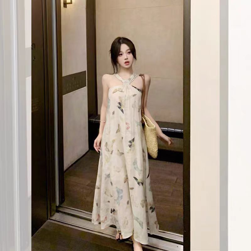 法式掛頸吊帶洋裝女夏季2025新款蝴蝶印花氣質垂感裙子性感長裙子