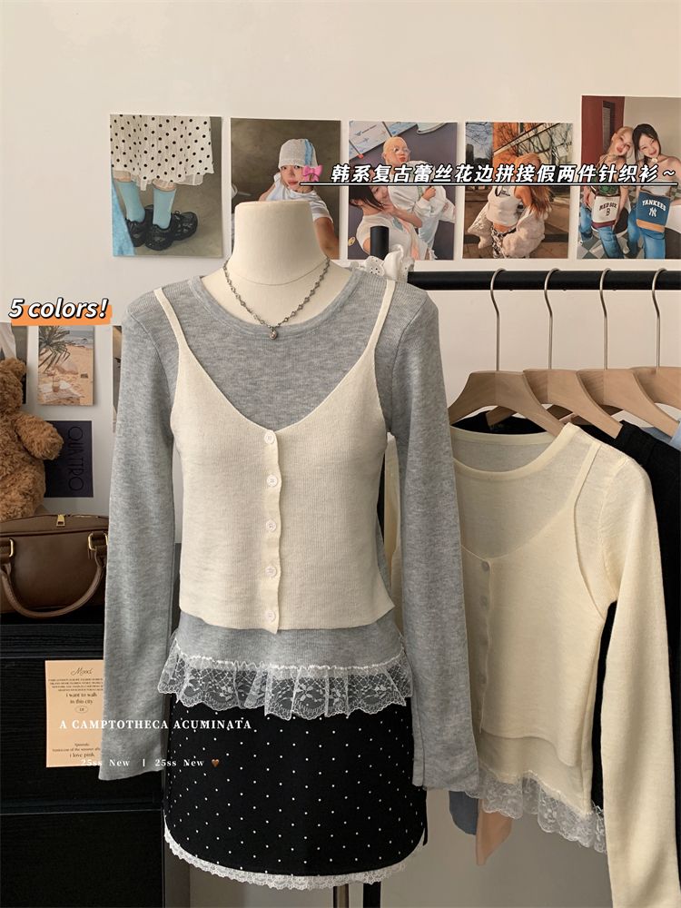 Real shot of 2025 spring new Korean version fashionable and versatile slim long sleeve knitted lace splicing suspender two fake pieces