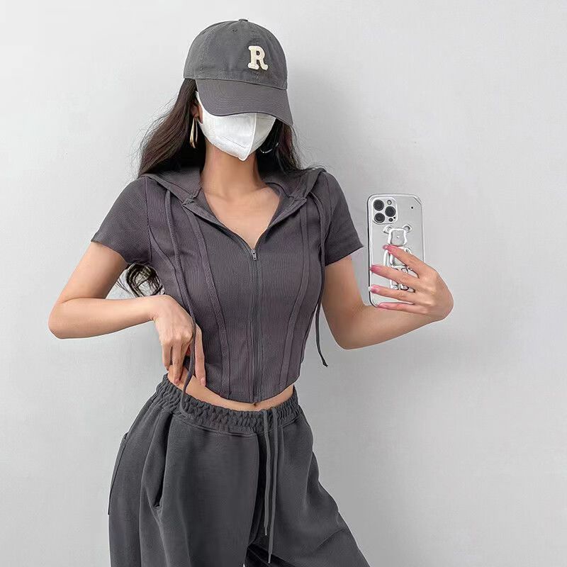 法式辣妹短款露臍連帽短袖t恤女開衫夏季薄款修身顯瘦小眾女上衣