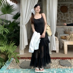Real shot Hepburn style black mesh splicing suspender dress waist-hugging long skirt