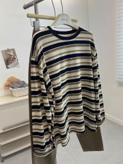 韓版chic時髦撞色條紋圓領長袖T恤女寬鬆慵懶上衣2025秋季新款潮