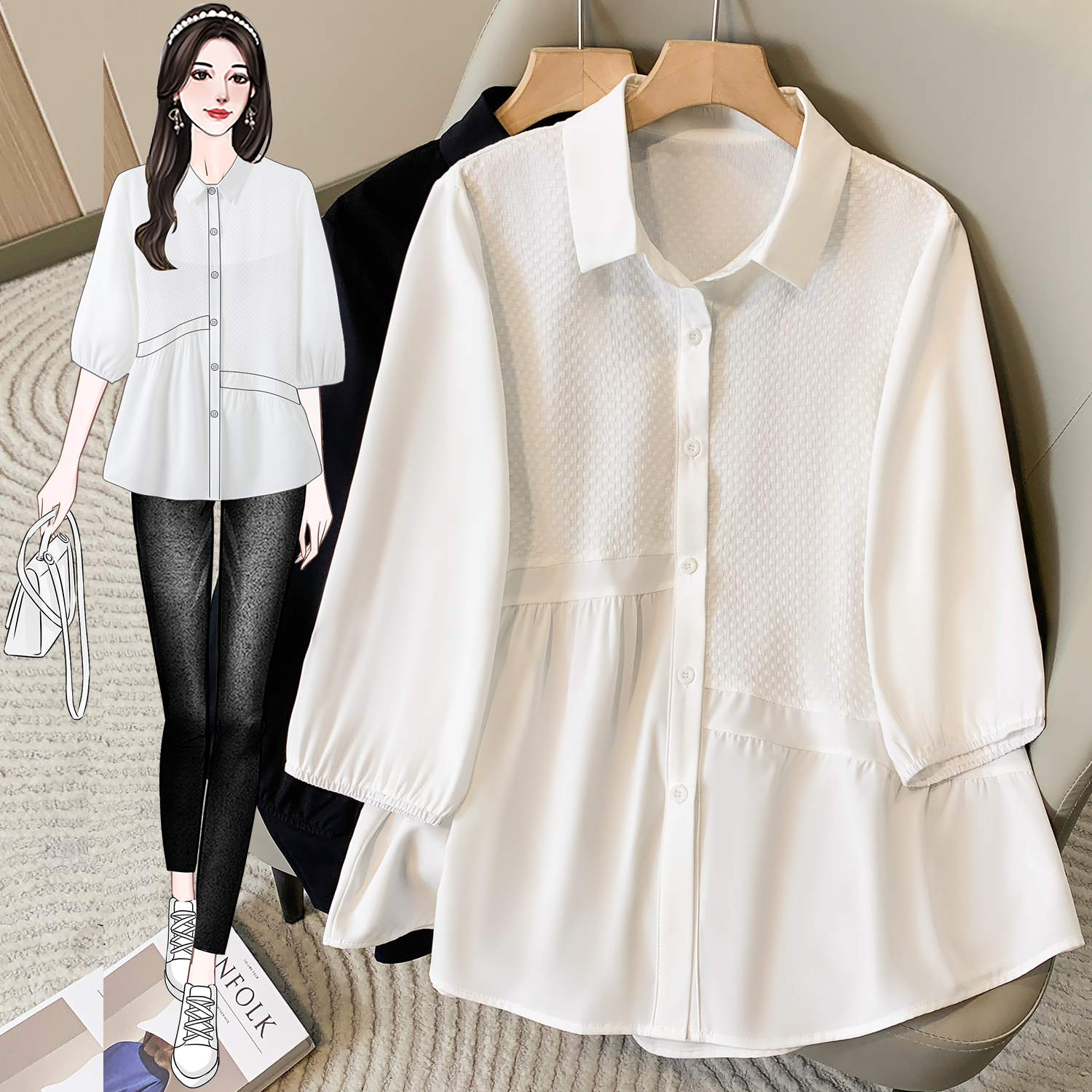 Women's fashionable belly cover tops and three-quarter sleeves shirt design style base shirt