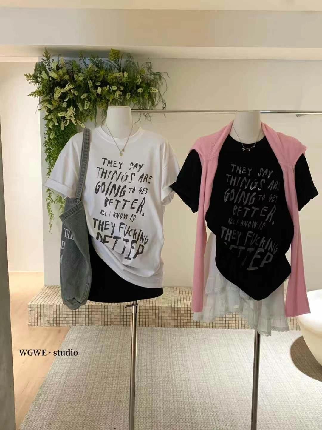 200g combed and tight-fitting sprinkler, pure cotton backpack, spring and summer loose shoulder printed short-sleeved T-shirt