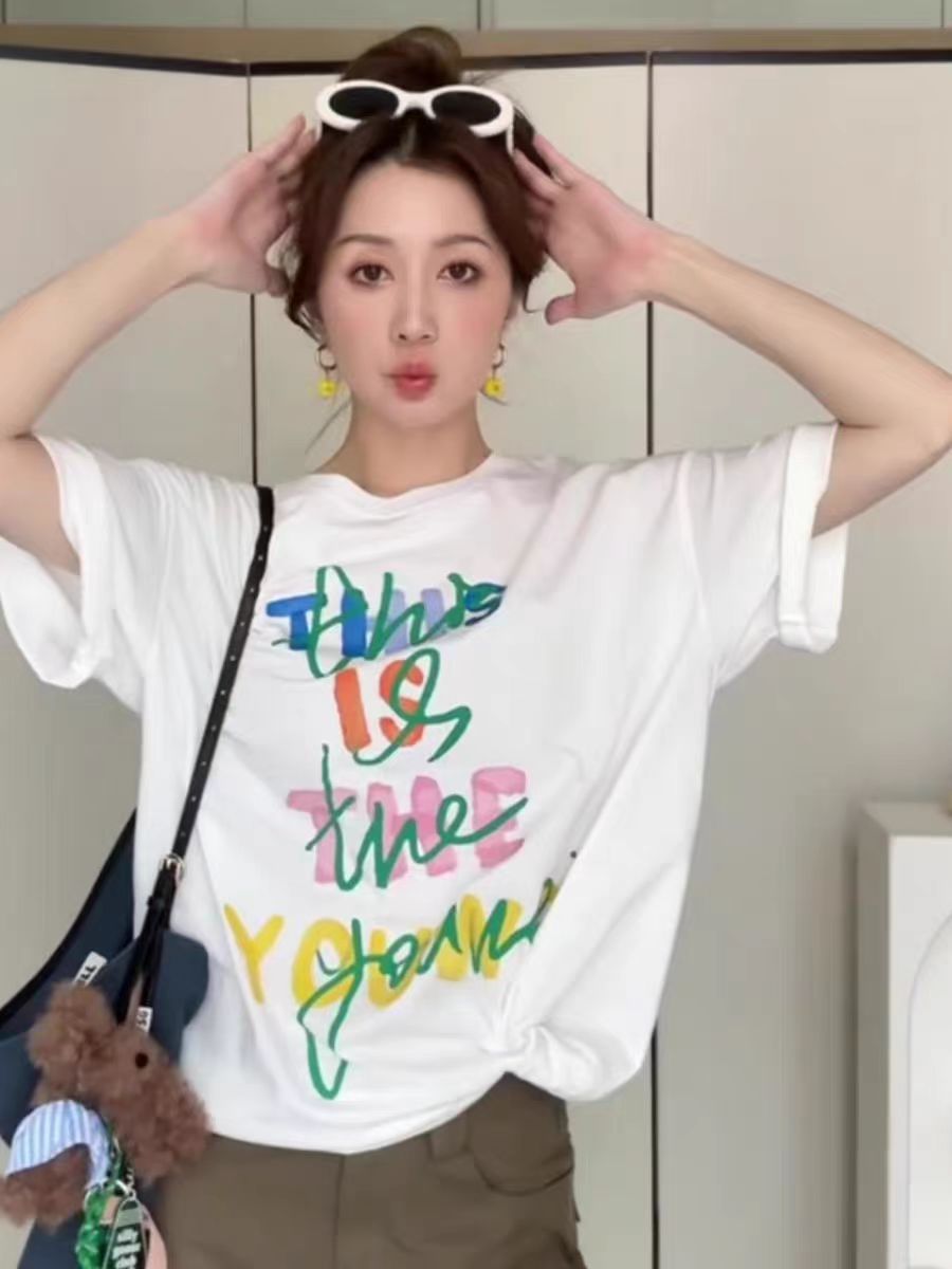 200g combed and tight-fitting sprinkler, pure cotton backpack, spring and summer loose shoulder printed short-sleeved T-shirt