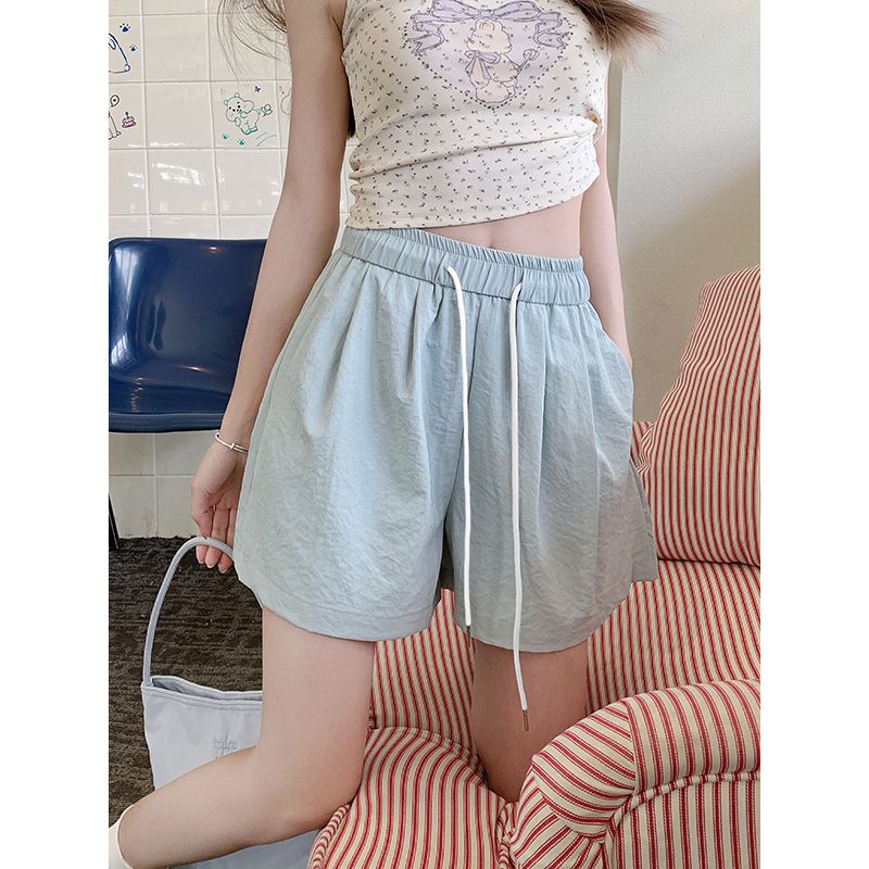 Real shot!  2025 new loose elastic waist drawstring shorts slimming wide-leg pants solid color casual pants for women