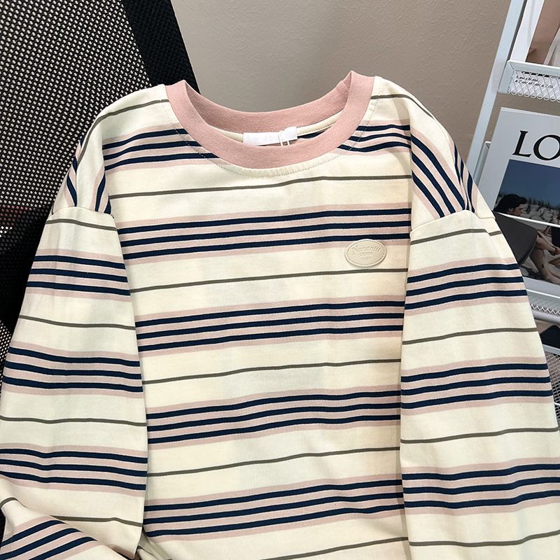 Real shot 230g striped base shirt for women 2025 early spring new thin round neck embroidered long sleeve T-shirt thin top