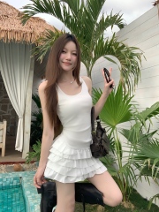 Real photo of sweet style white suspender dress with unique summer ruffled short skirt ballet style a-line skirt