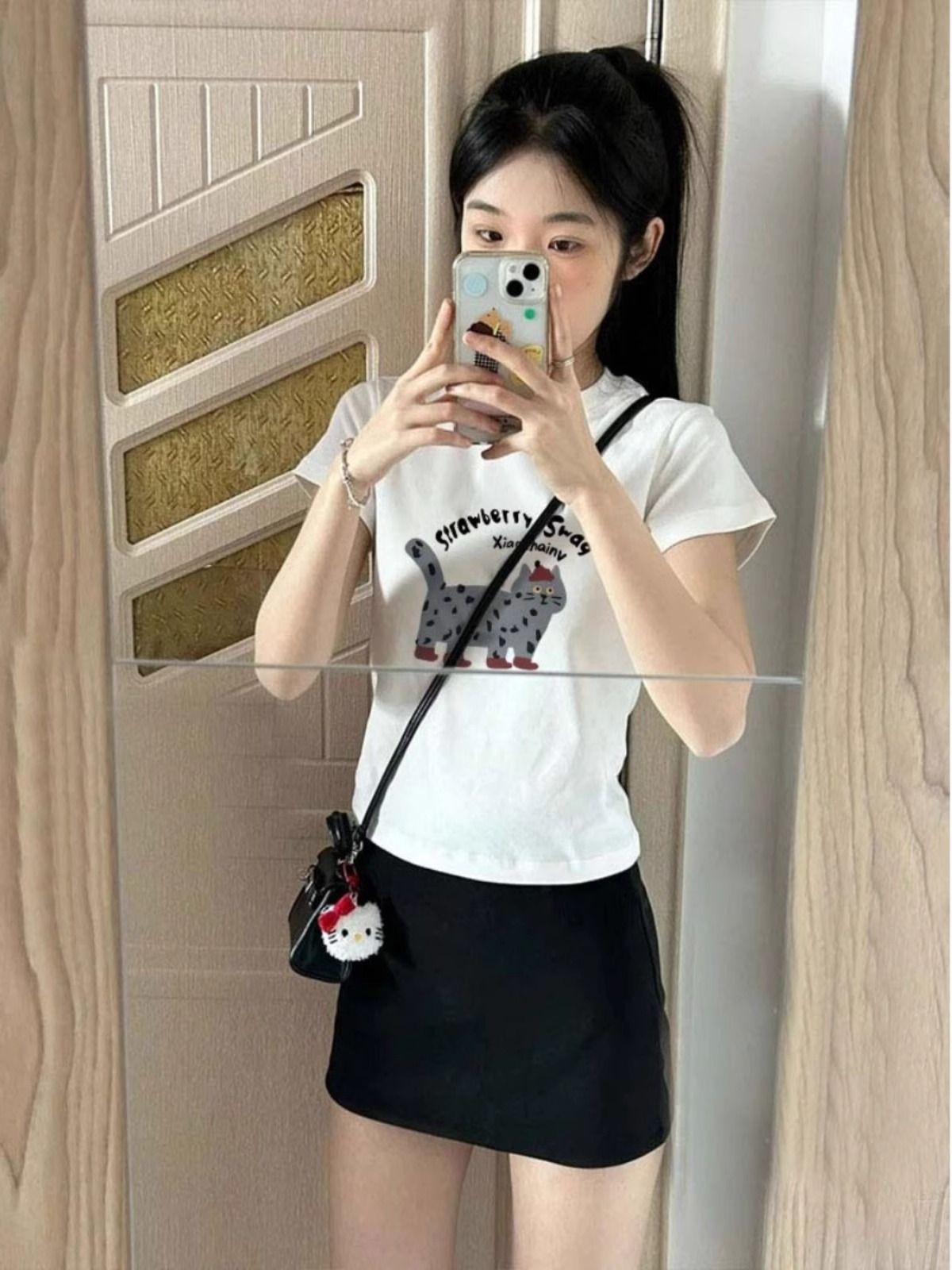 2025 printed front shoulder short-sleeved T-shirt for women in summer new niche American pure cotton slim T-shirt top