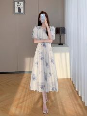 Ink painting dress for women 2025 new summer high-end French waist-hugging and slimming temperament V-neck chiffon skirt