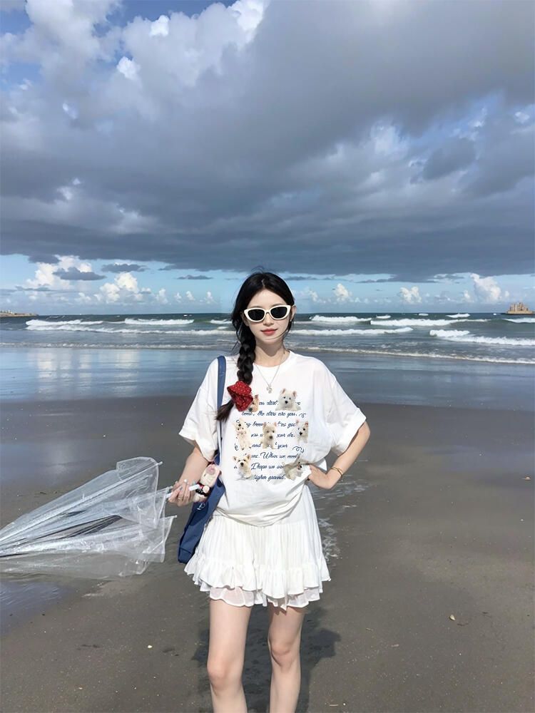 200g combed and tight-fitting sprinkler, pure cotton backpack, spring and summer loose shoulder printed short-sleeved T-shirt