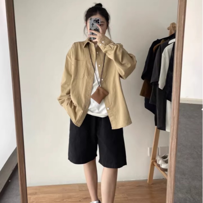 純棉藍色襯衫單穿疊穿寬鬆襯衣純色外套情侶裝春秋上衣服潮