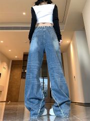 Real shot ~ Design hot girl style irregular blue jeans for women loose straight pants high waist