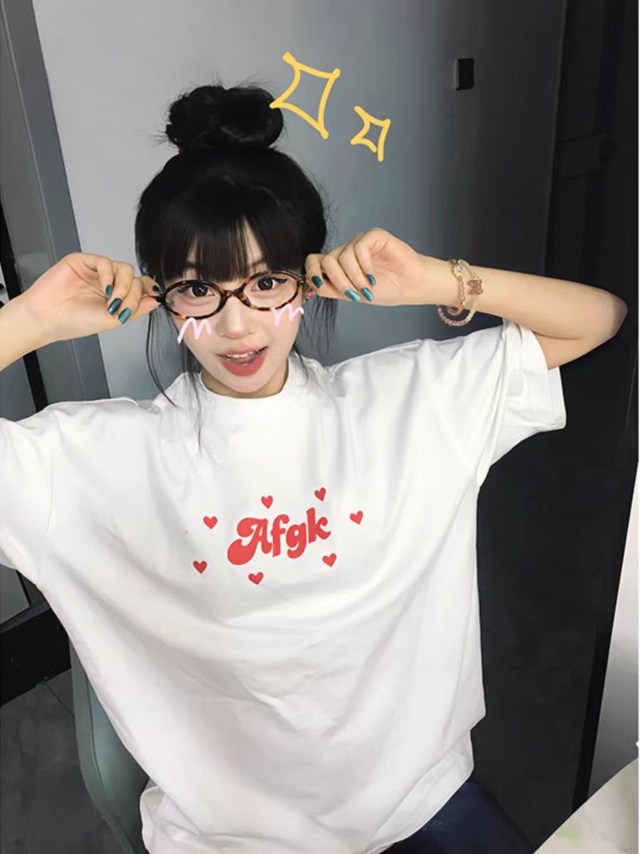 200g combed and tight-fitting sprinkler, pure cotton backpack, spring and summer loose shoulder printed short-sleeved T-shirt