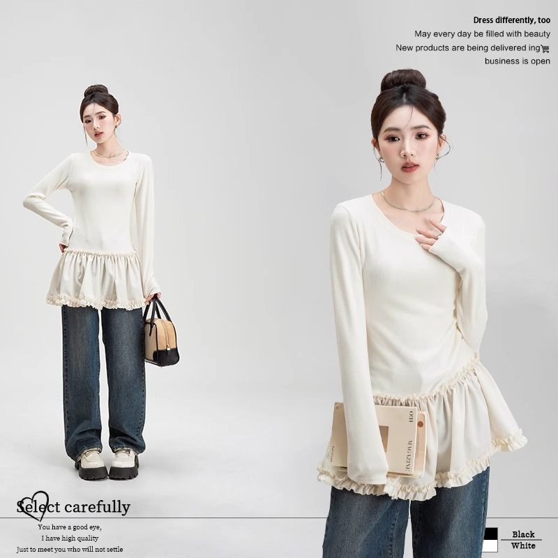 Apricot color fungus lace base shirt spring new women's splicing dress design sense slim T-shirt top