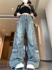 Real shot~Bow design jeans for women cleanfit style straight versatile trousers