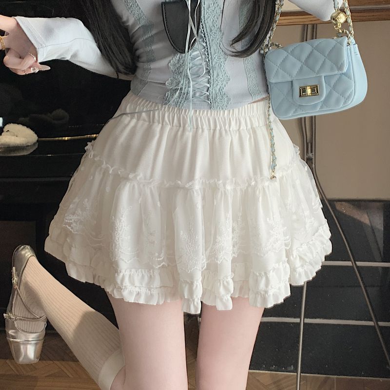 Original method ~ Ballet style black ears lace spliced ​​skirt for women sweet A-line pleated cake short skirt for women