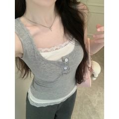 Lace splicing fake two-piece suspender vest for women in summer with chest pad contrasting color slim hot girl base shirt top