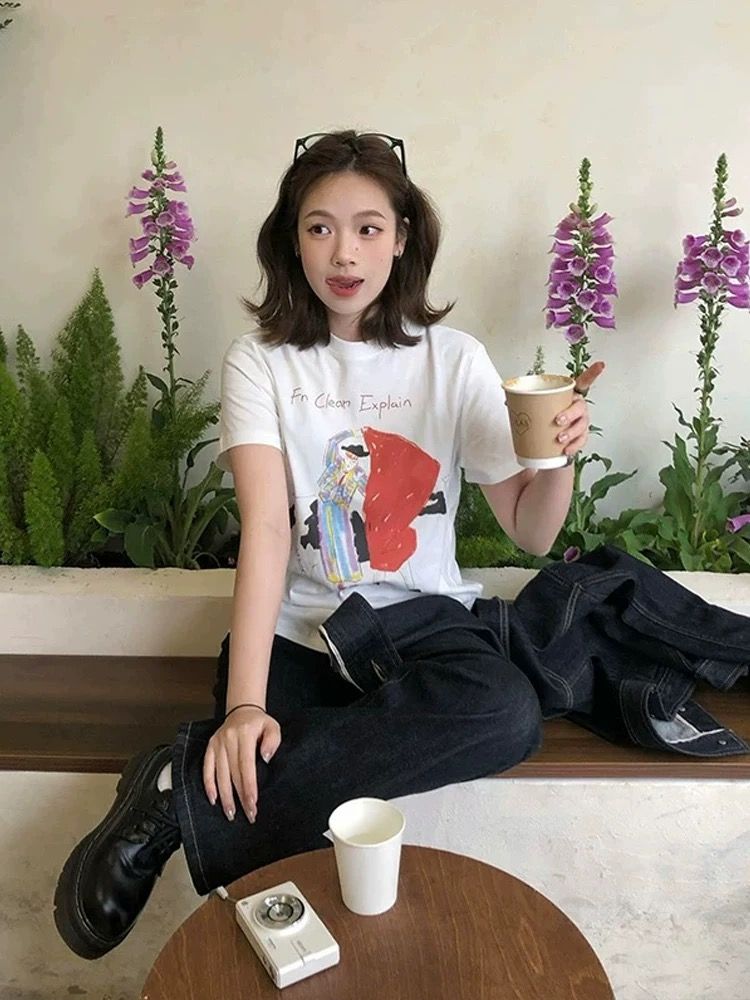 200g combed and tight-fitting sprinkler, pure cotton backpack, spring and summer loose shoulder printed short-sleeved T-shirt