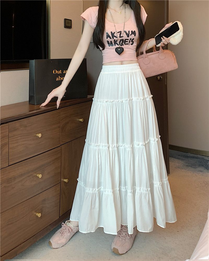 Real photo of white skirt women's high waist slim A-line mid-length puffy skirt cake skirt