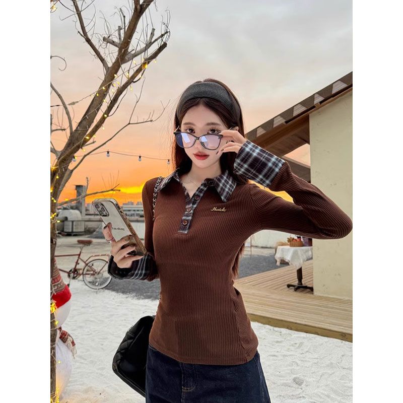 Polo neck long-sleeved sweater top for women 2025 early spring new slim and versatile spliced ​​long-sleeved T-shirt