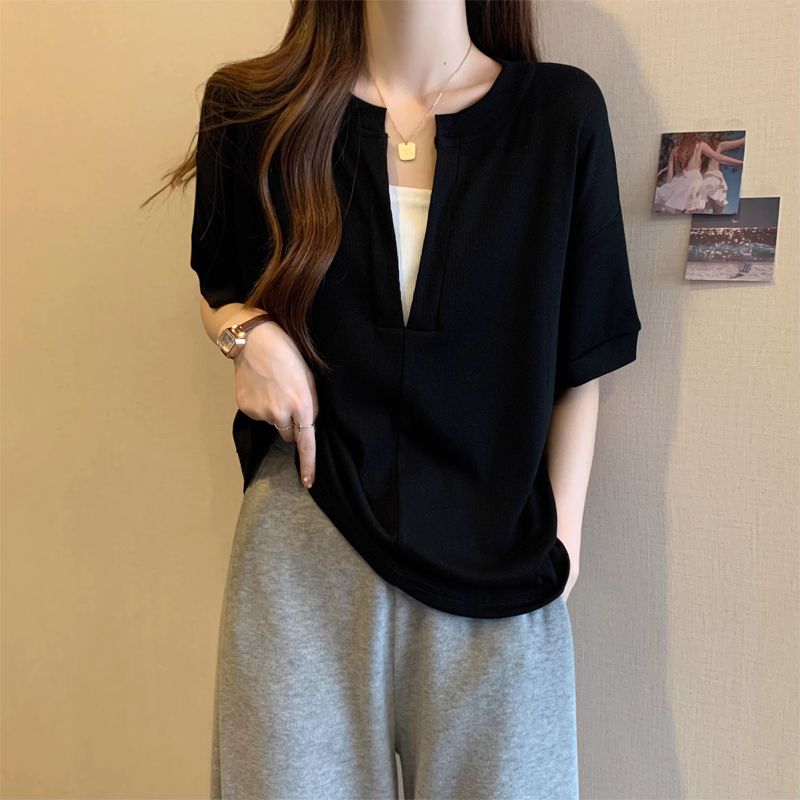 Original workmanship fake two-piece short-sleeved T-shirt for women 2025 summer large size fat mm slimming and covering her belly unique top