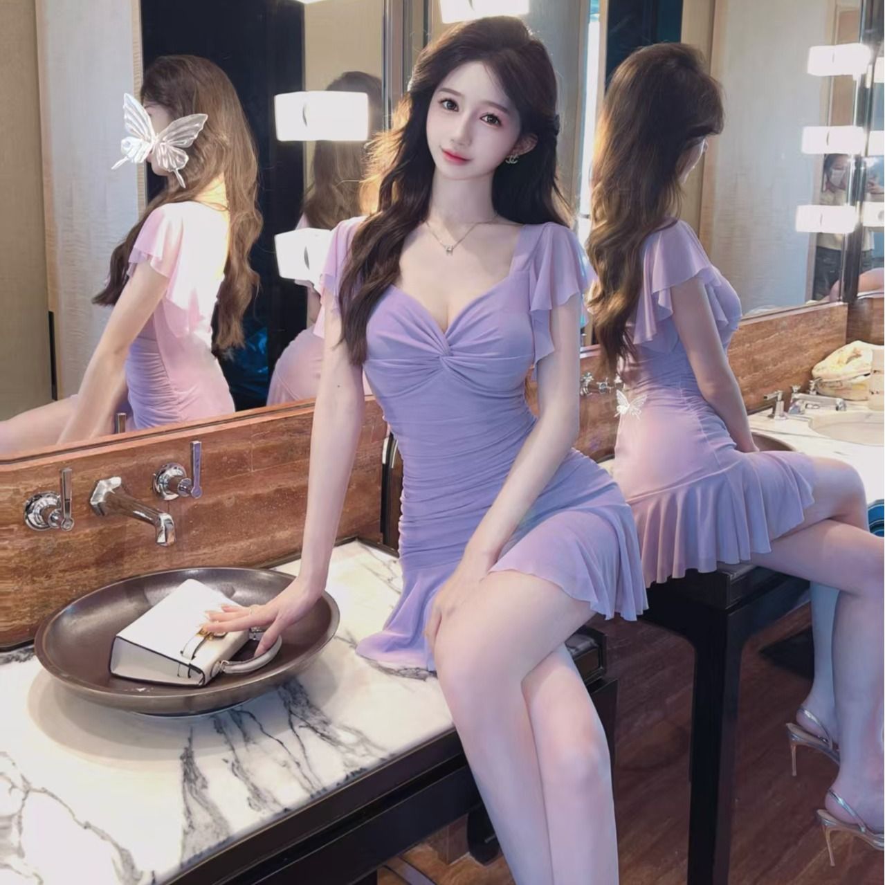 Real shot of sexy mesh ruffled hip short sleeve base short dress