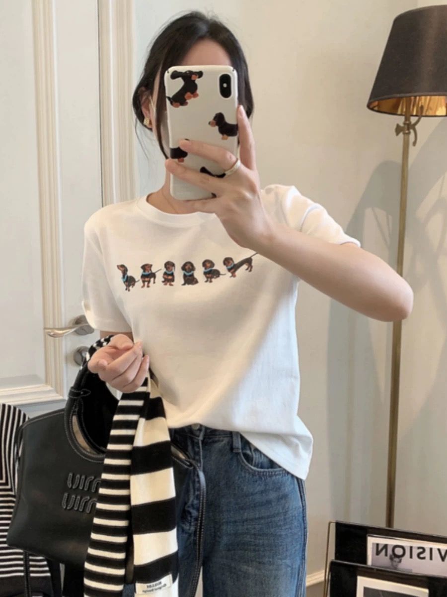 2025 printed front shoulder short-sleeved T-shirt for women in summer new niche American pure cotton slim T-shirt top