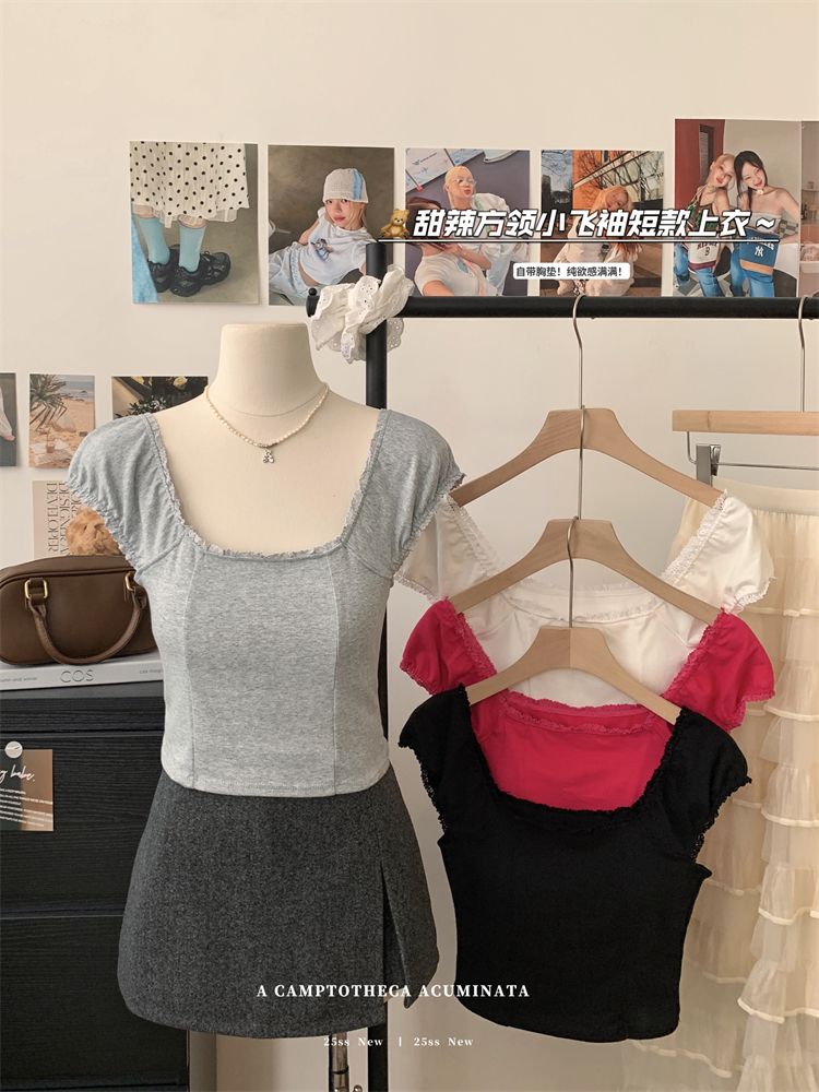 Real-life 25-year new pure lace collar short-sleeved top for women's design square collar short T-shirt