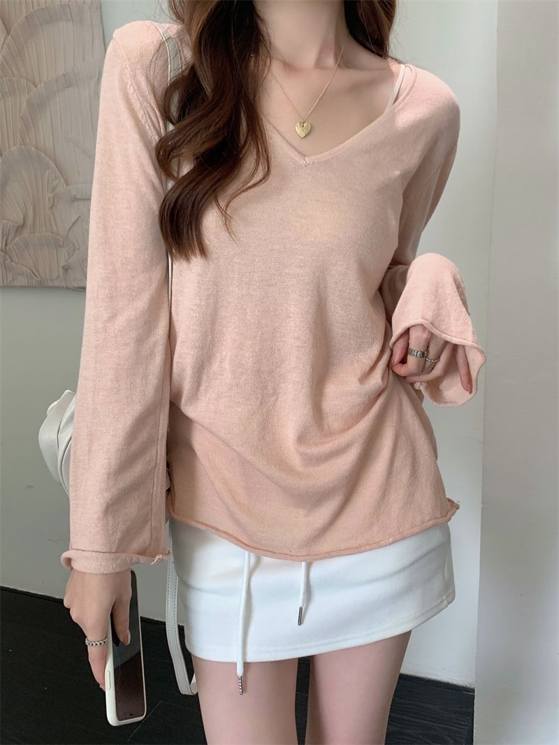 Real shot Real new spring and summer loose long-sleeved top V-neck sweater for women