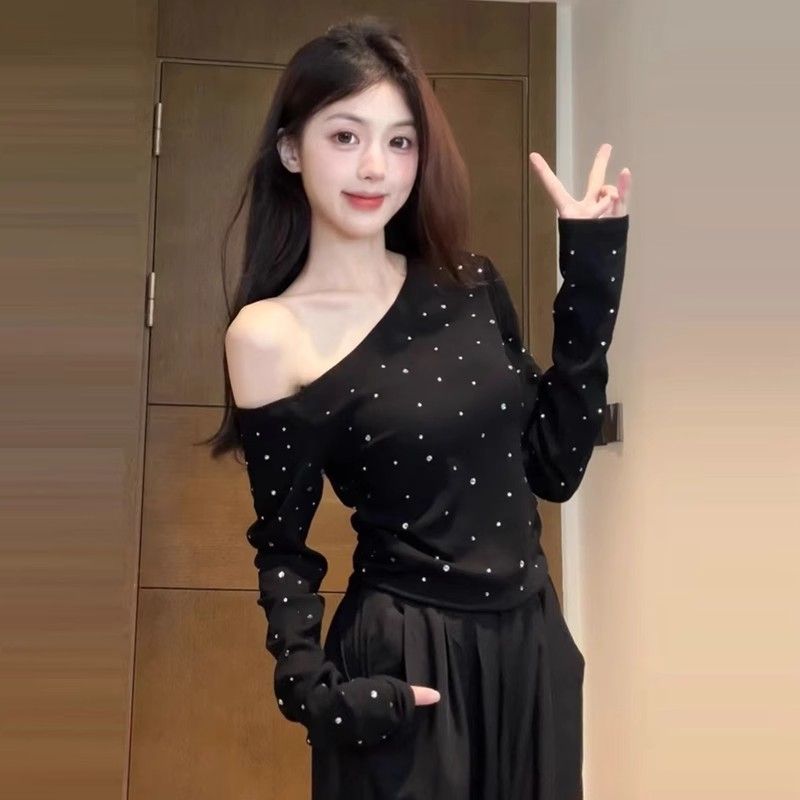 隨心裁一字領燙鑽長袖T恤女裝秋季修身顯瘦設計感辣妹露肩上衣