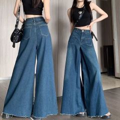 Retro fat mm wide-leg jeans for women 2025 spring and autumn breasted high waist slimming design loose flared pants