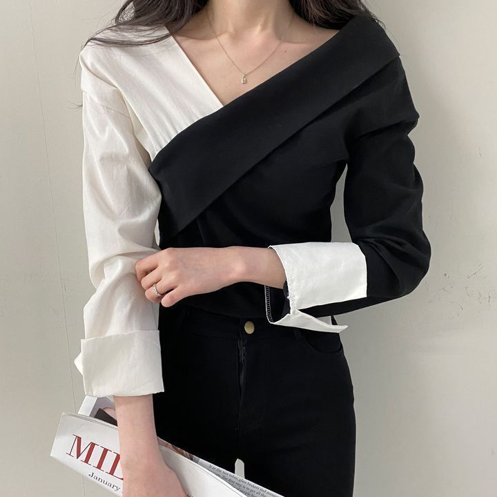 Korean chic spring and summer age-reducing retro temperament splicing contrasting color niche design sense base shirt off-shoulder top for women