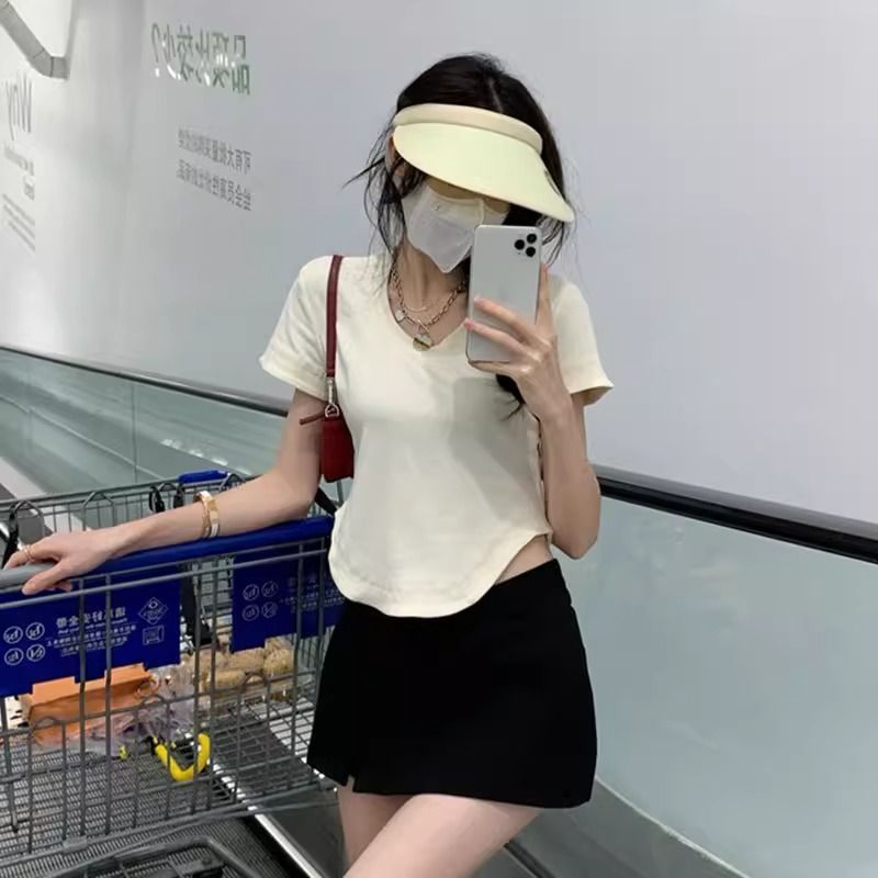 2025年新款92棉/8氨綸40支210g純棉 T恤奶黃色辣妹短袖女