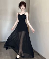 Real shot of sexy hot girl black strapless dress for women pure temperament gauze mesh design long skirt