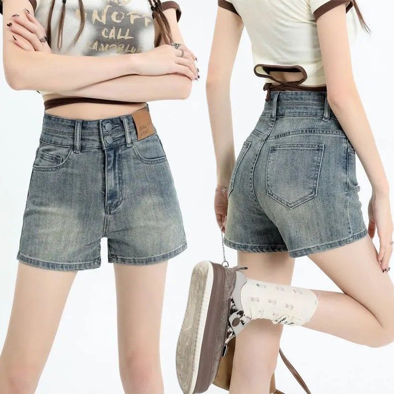 American retro blue stretch denim shorts for women Korean style high waist slim straight hip tight hot girl A-line hot pants