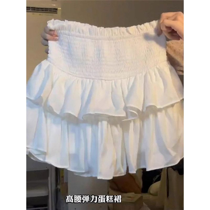 White double-layer short skirt for women in summer 2025 new ballet style cake skirt high waist a line puffy skirt