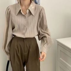 Hong Kong style French retro pleated long-sleeved shirt women's design niche autumn chic top Hong Kong style shirt jacket
