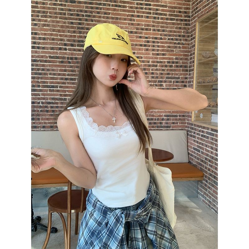 Real photo pure white bow vest suspender women's spring new sweet hot girl slim sleeveless top
