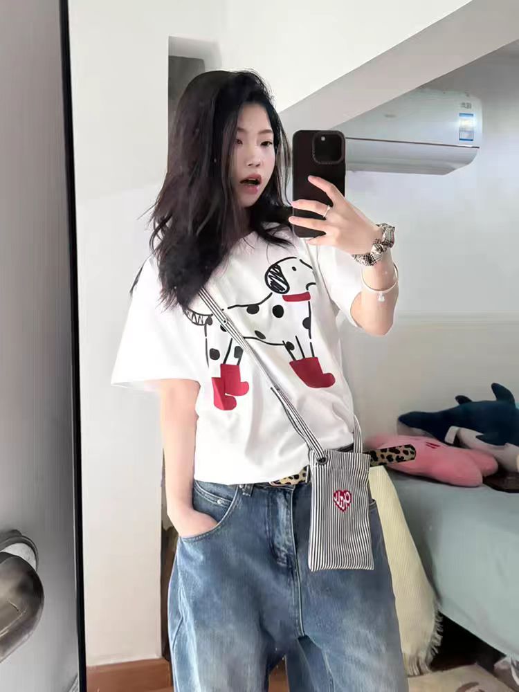 200g combed and tight-fitting sprinkler, pure cotton backpack, spring and summer loose shoulder printed short-sleeved T-shirt