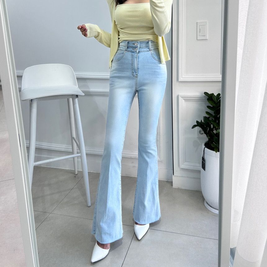 Niche versatile high-waisted two-pin buckle tight-fitting denim trousers