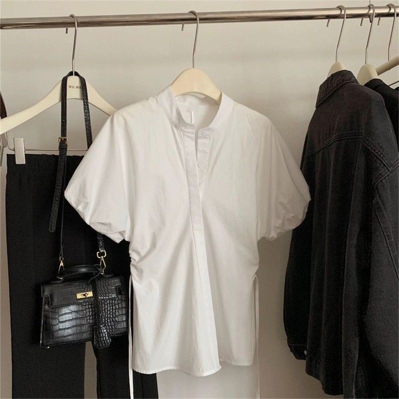 White drawstring pleated shirt for women's waist-hugging summer short-sleeved shirt top