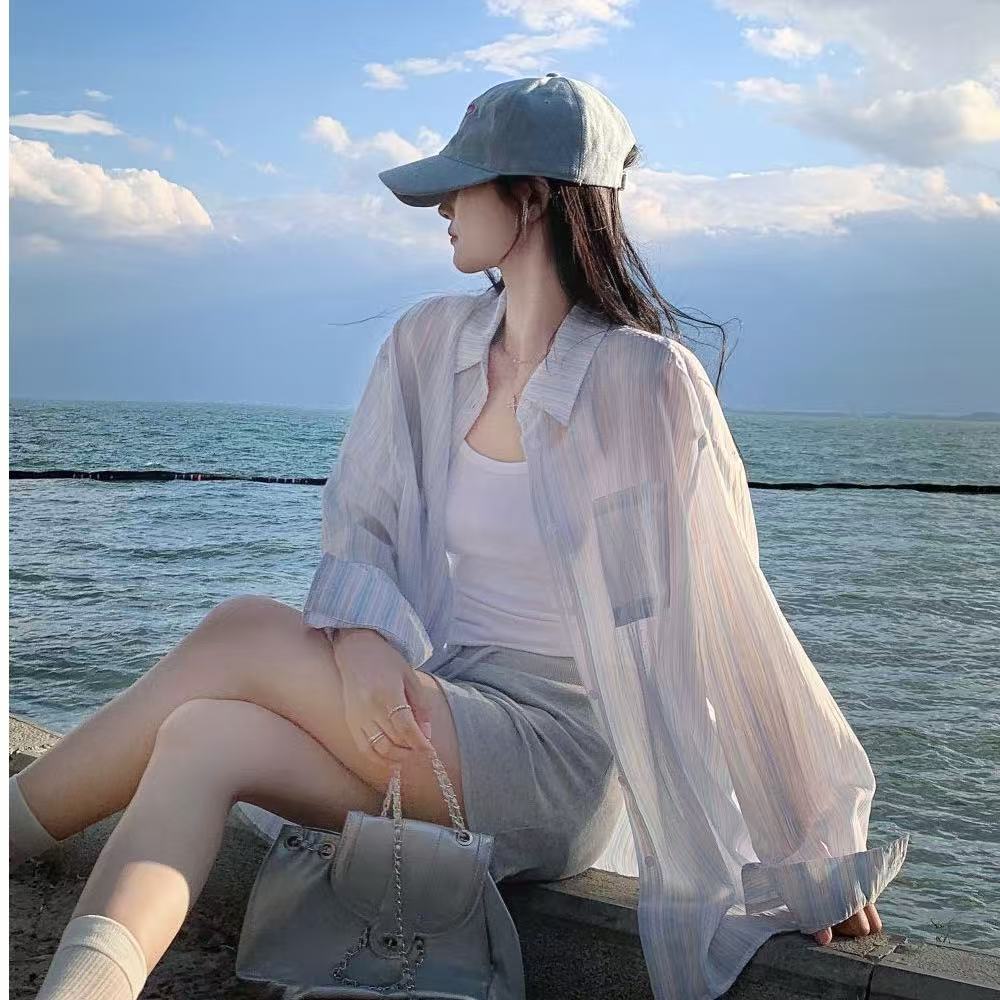 French style striped shirt for women in summer, loose loose layer casual and versatile sun protection long-sleeved shirt