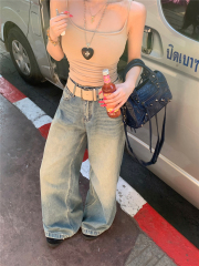 Real shot!  Retro blue wide-leg jeans for women Korean style loose casual slim straight-leg trousers