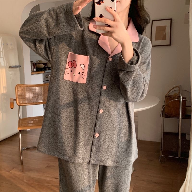 Real shot 25 spring clothes new cute pajamas women color cotton thin cartoon loose student home clothing set